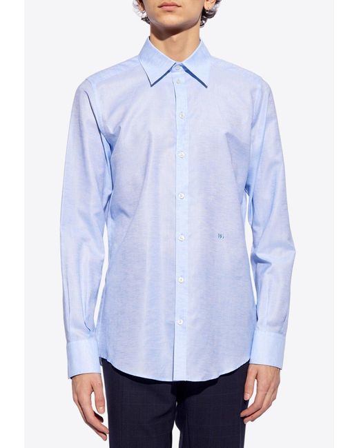 Dolce & Gabbana Blue Logo Embroidered Button-Up Shirt for men