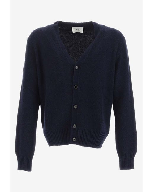 AMI Blue Ami De Coeur Ribbed Knit Cardigan for men