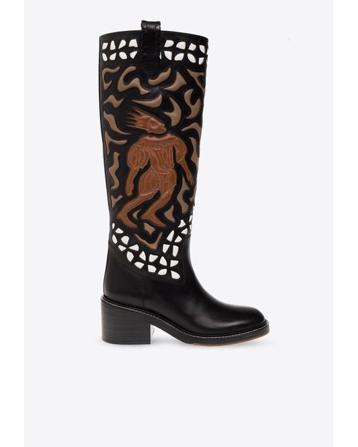Chloé Black Mallo 65 Embroidered Leather Knee-High Boots