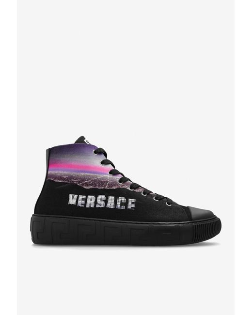 Versace Black Greca Hills Print High-Top Sneakers for men