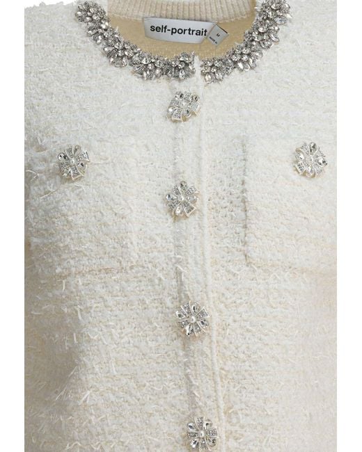 Self-Portrait White Embellished Wool-Blend Cardigan