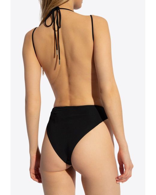 Saint Laurent Black Deep V-Neck One-Piece Swimsuit
