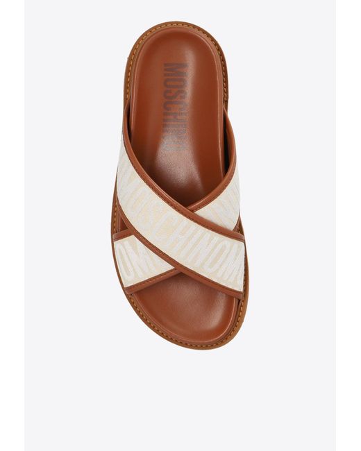 Moschino Brown Logo Jacquard Leather Flat Sandals