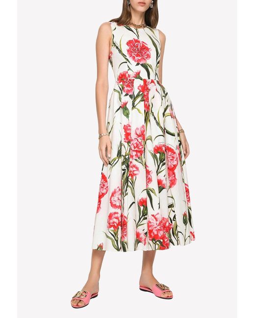 Dolce & Gabbana Red Carnation Print Sleeveless Midi Dress