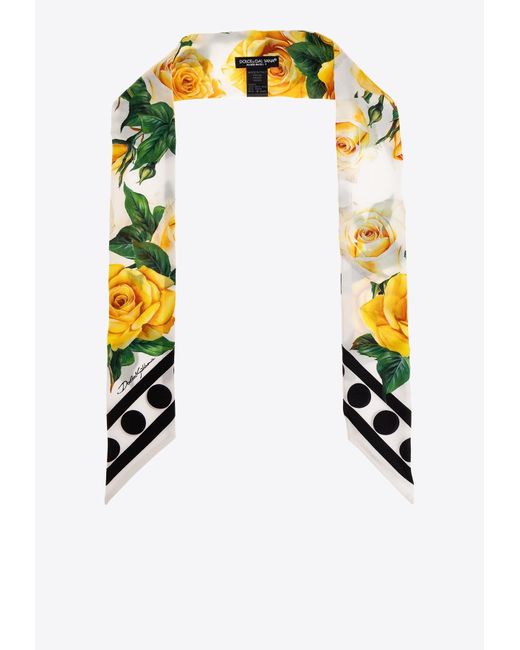 Dolce & Gabbana White Rose Print Silk Headscarf