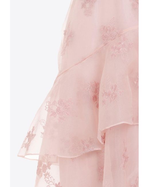 Erdem Pink Embroidered Ruffled Midi Dress