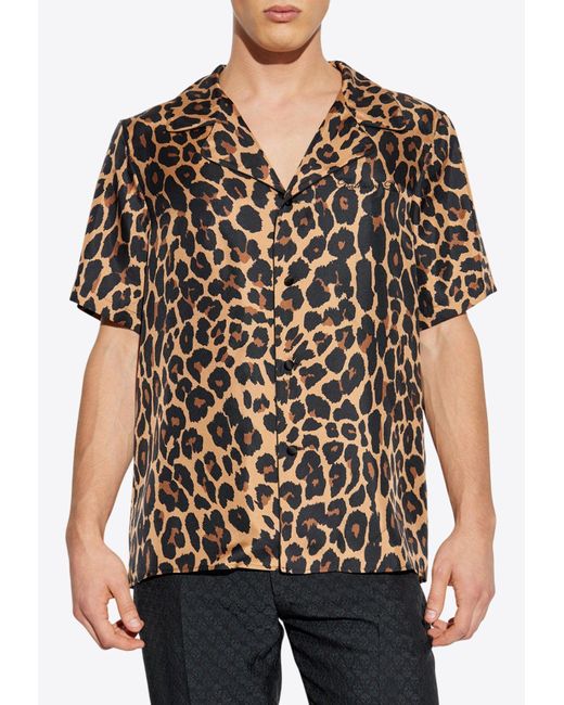 Balmain Black Leopard Print Silk Bowling Shirt for men