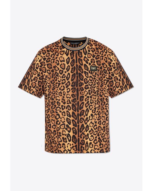 Dolce & Gabbana Brown Leopard Print Crewneck T-Shirt for men