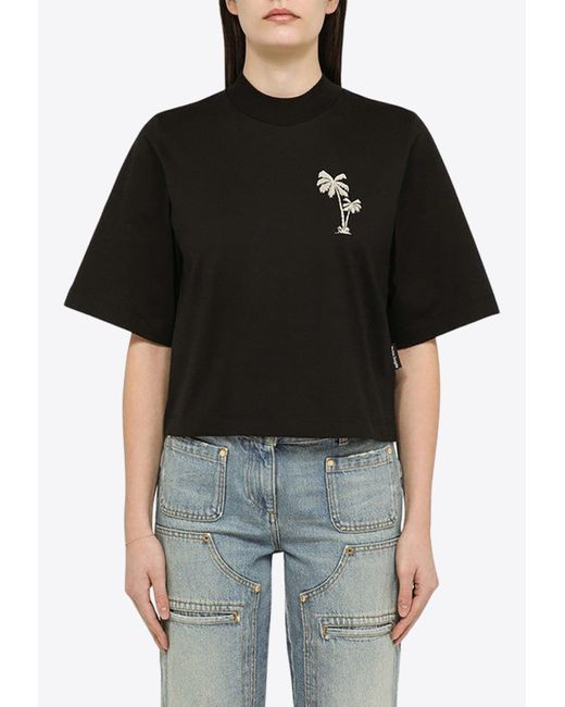 Palm Angels Black Embroidered Palm Tree Cropped T-Shirt