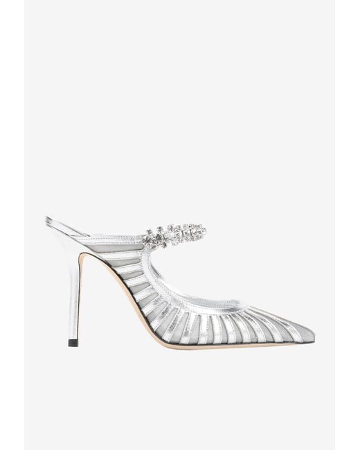 Jimmy Choo White Bing 100 Crystal-Embellished Mules