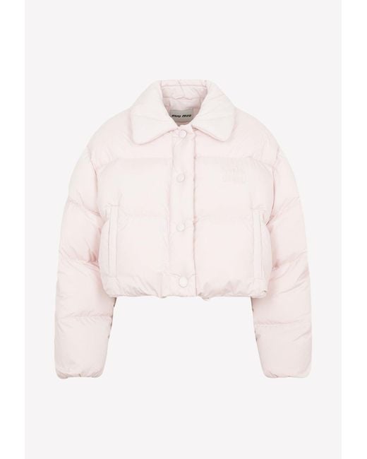 Miu Miu Pink Cropped Down Jacket With Logo