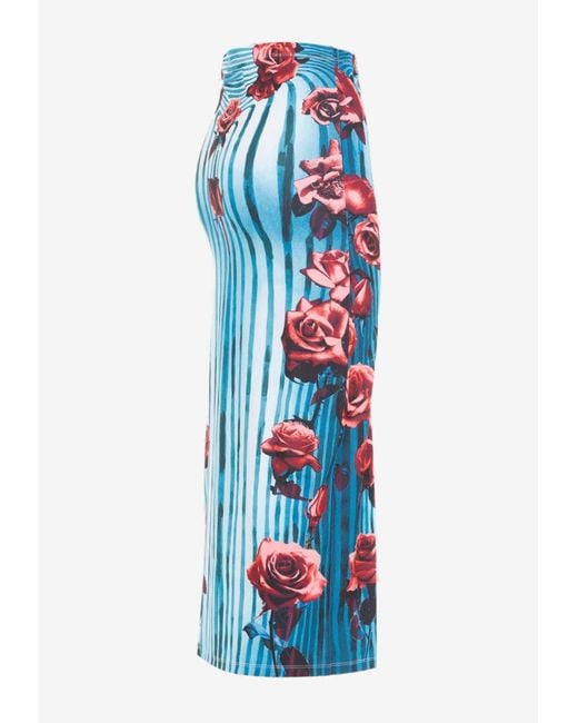 Jean Paul Gaultier Blue Striped Floral Maxi Sheer Skirt