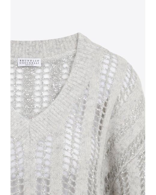 Brunello Cucinelli White 3D Ribbed Knit Sweater