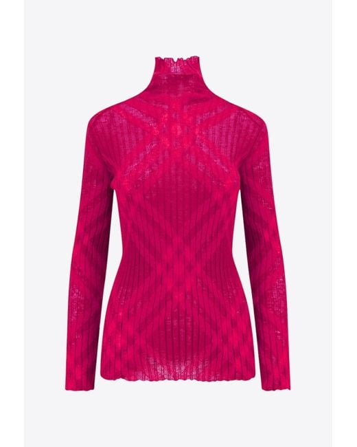 Burberry Pink Checked High-Neck Sweater