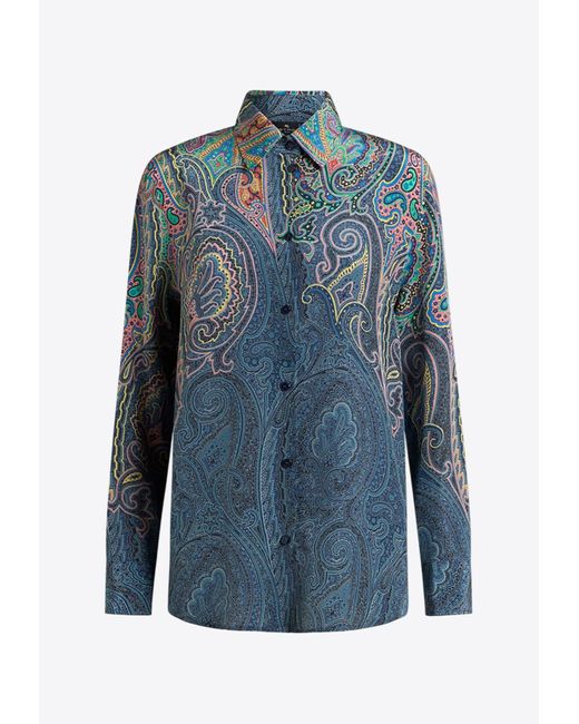 Etro Blue Paisley Print Button-Up Silk Shirt