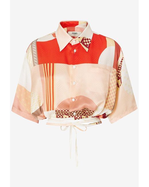 Fendi White Patchwork Print Cropped Silk Shirt