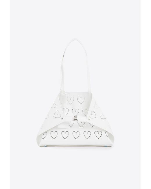 Akris White Ai Calf Leather Shoulder Bag With Perforated Hearts