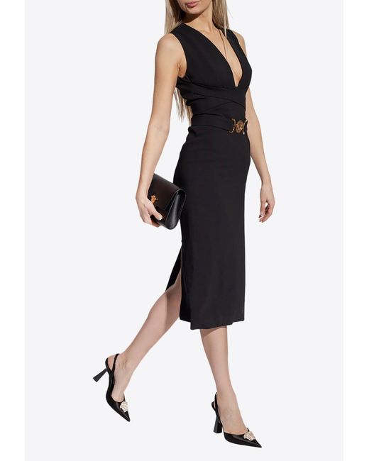 Versace Medusa V-neck Midi Dress in Black