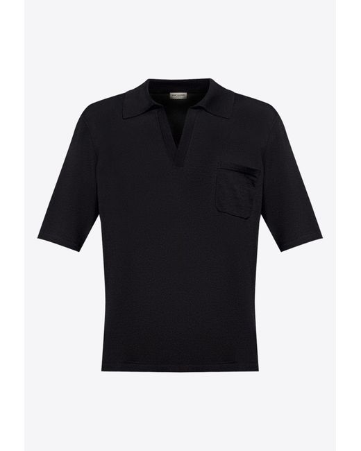 Saint Laurent Black Cassandre Embroidered Wool Polo T-Shirt for men