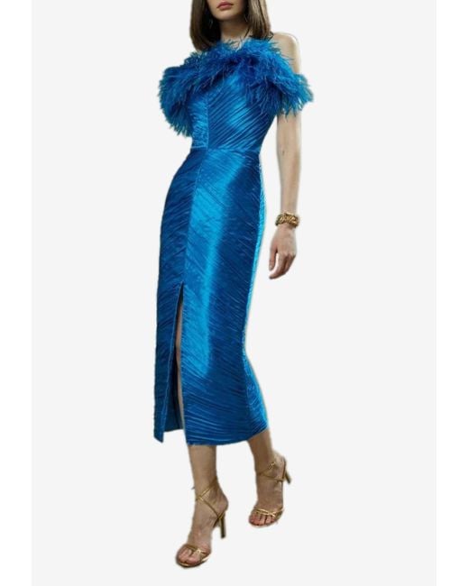 Rasario Blue Draped Feather-trimmed Silk Midi Dress