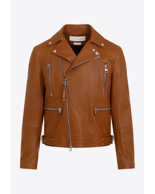 Alexander McQueen Essential Leather Biker Jacket in Brown for Men Lyst