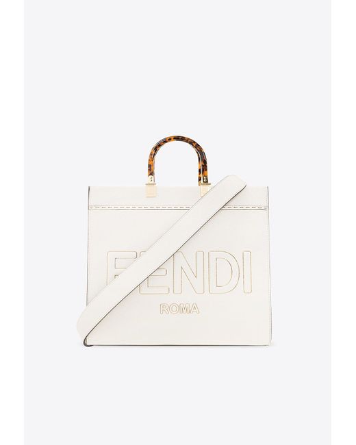Fendi White Medium Sunshine Leather Tote Bag