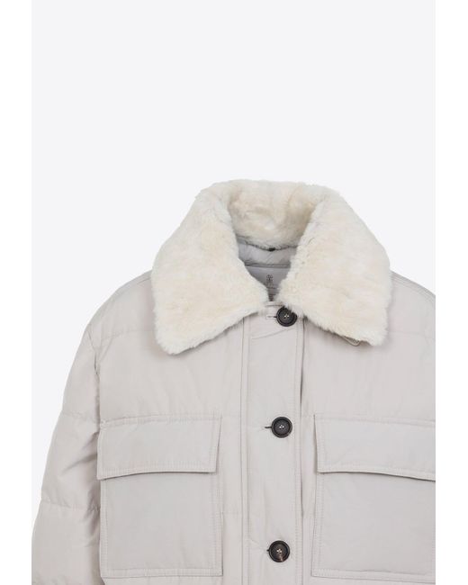 Brunello Cucinelli Natural Shearling-Collar Down Jacket