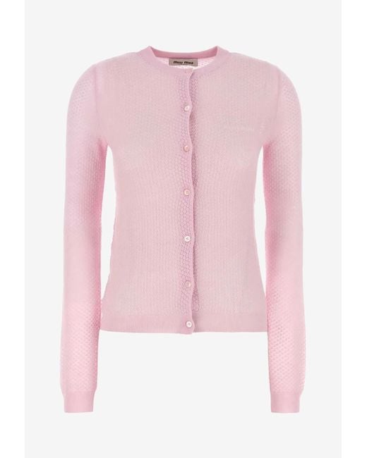 Miu Miu Pink Knitted Cashmere Logo Cardigan