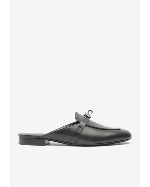 Hermès Gray Oz Leather Flat Mules With Palladium Kelly Buckle