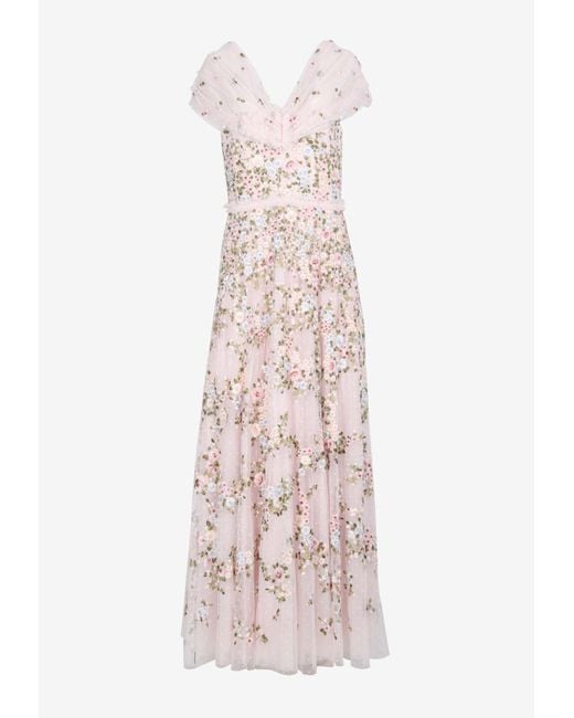 Needle & Thread Pink Lunaria Wreath Off-Shoulder Floral Gown