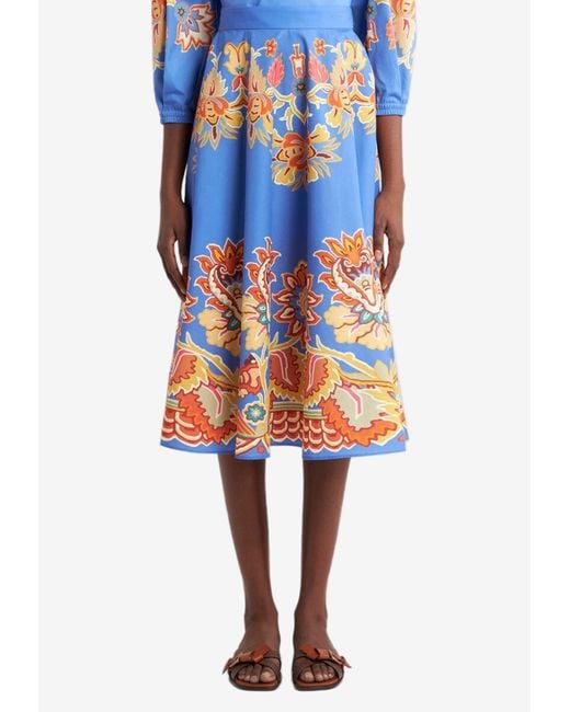 Etro Blue Printed Poplin Midi Skirt