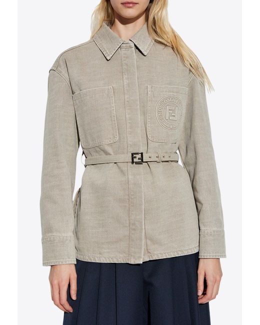 Fendi Gray Embossed Logo Belted Denim Shirt