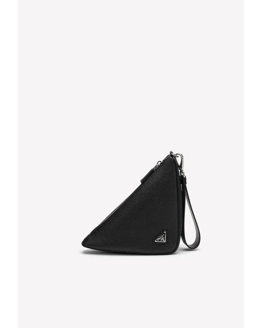 Prada Black Triangle Logo-embossed Leather Pouch for men