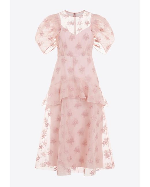 Erdem Pink Embroidered Ruffled Midi Dress