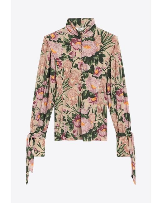 Chloé White Floral Print Wool Blouse