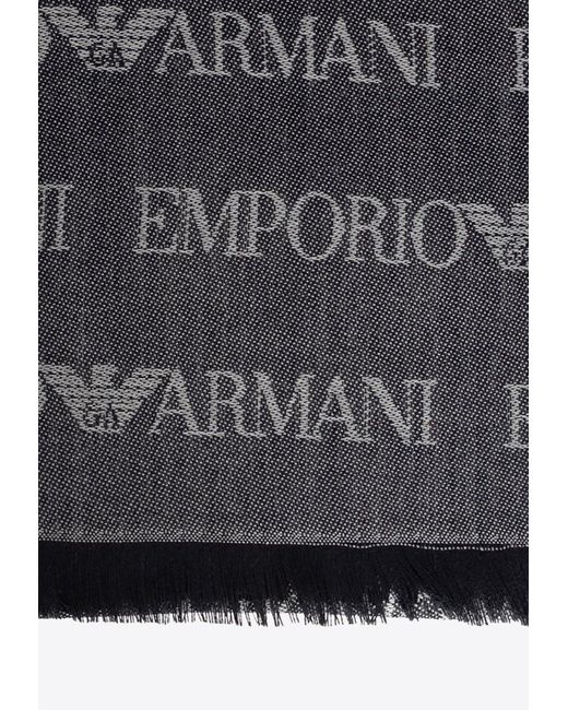 Emporio Armani Gray Logo Embroidered Fringed Scarf for men