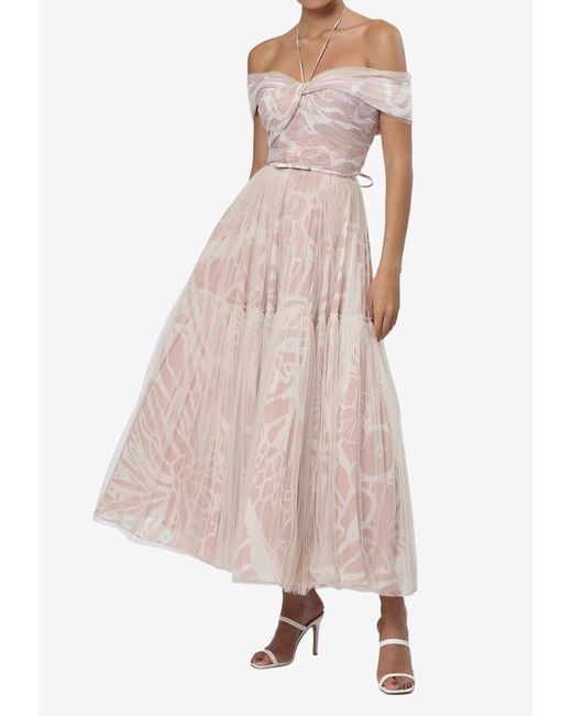 ZEENA ZAKI Pink Off-Shoulder Jacquard Chiffon And Tulle Gown