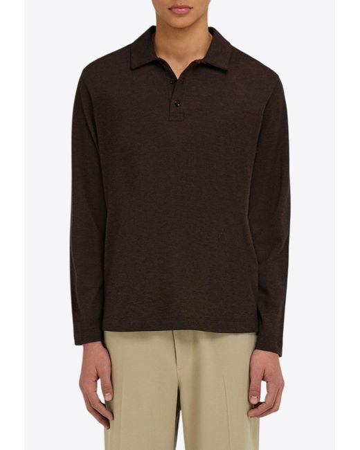 Ferragamo Brown Logo Embroidered Long-Sleeved Polo T-Shirt for men