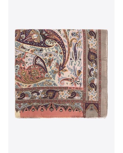 Etro Pink Floral Print Wool And Silk Scarf