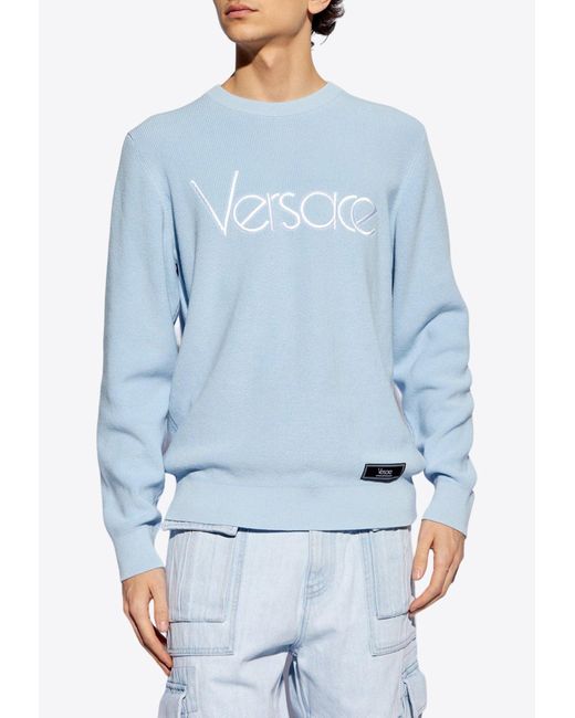Versace Blue Logo Embroidered Crewneck Sweater for men