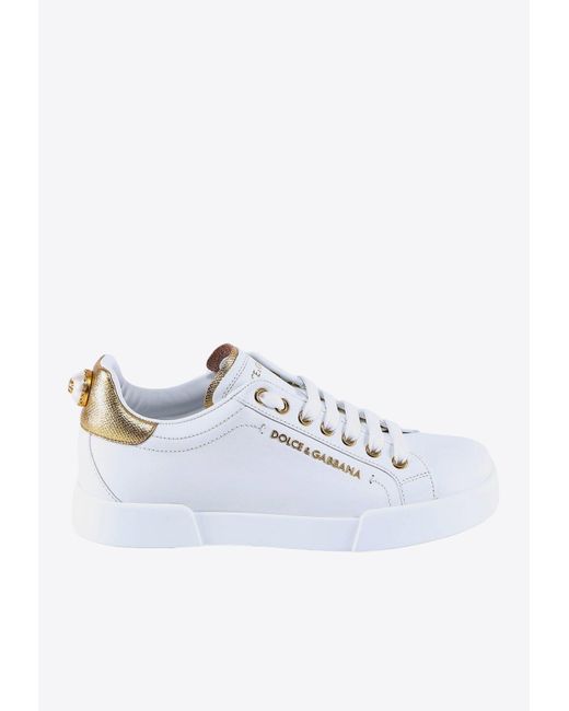 Dolce & Gabbana White Portofino Logo Leather Low-Top Sneakers