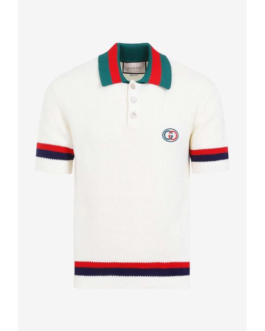 Gucci White Logo-embroidered Knit Polo T-shirt for men