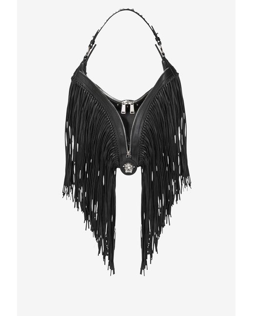 Versace Black Repeat Fringed Hobo Shoulder Bag