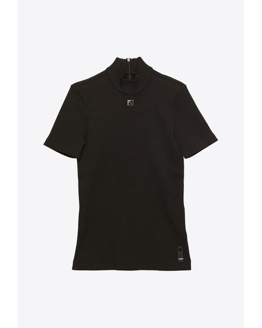 Fendi Black Logo-Plaque High-Neck T-Shirt for men