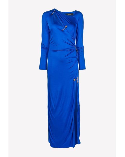 Versace Synthetic Safety Pin Long-sleeved Maxi Dress in Blue | Lyst