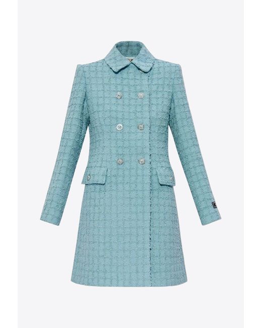 Versace Blue Tweed Double-Breasted A-Line Coat