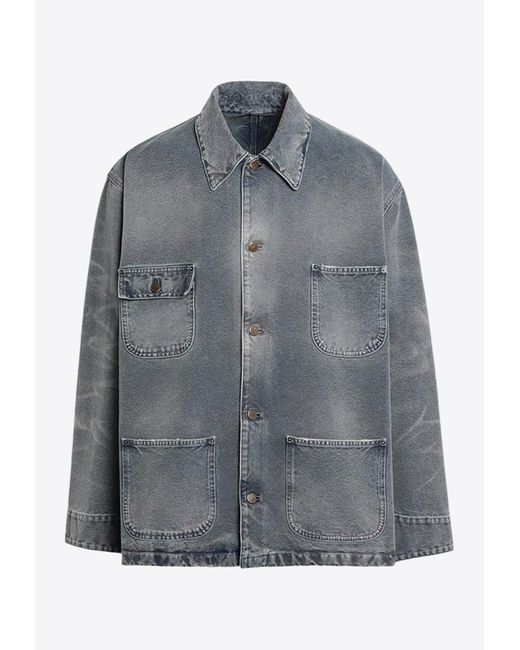 Prada Men's Gray Distressed Denim Overshirt