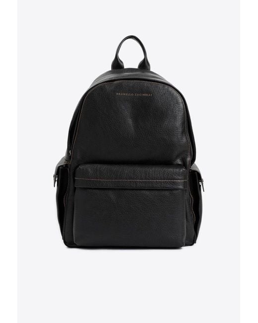 Brunello Cucinelli Black Grained Leather Logo Backpack for men