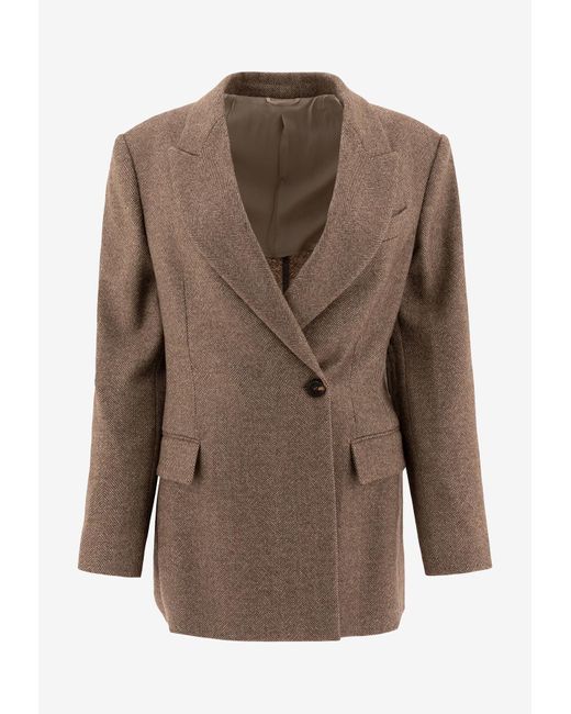 Brunello Cucinelli Brown Chevron Wool Double-Breasted Blazer