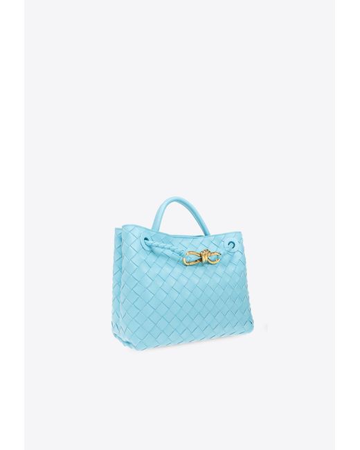 Bottega Veneta Blue Small Andiamo Intrecciato Leather Top Handle Bag